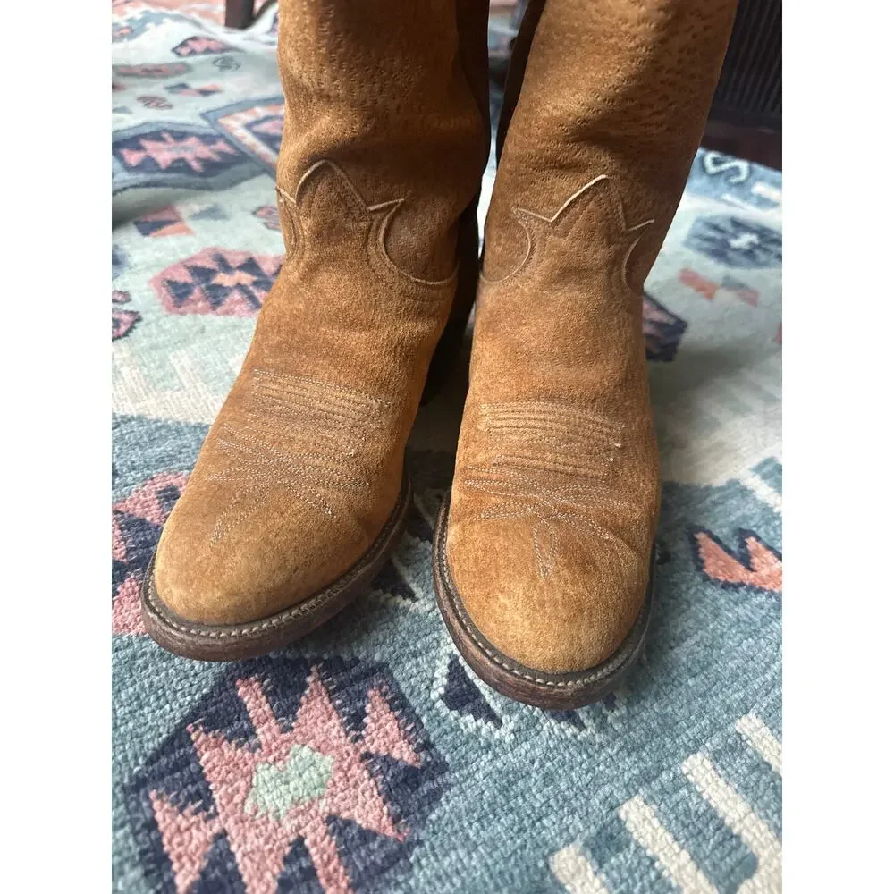 Vintage Tony Lama Suede Cowgirl Boots – Tan Western Round Toe Size 8
